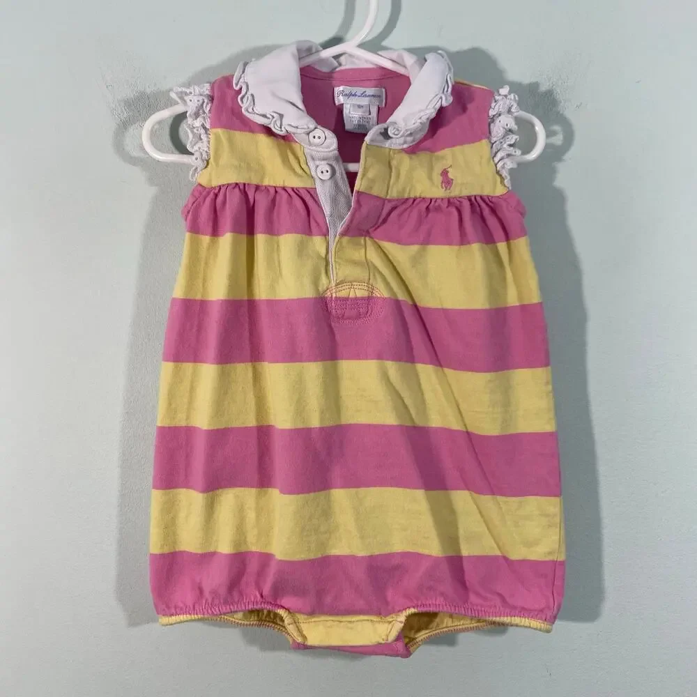 Ralph Lauren Pink & Yellow Ruffles Collared Sleeveless Romper Size 18M